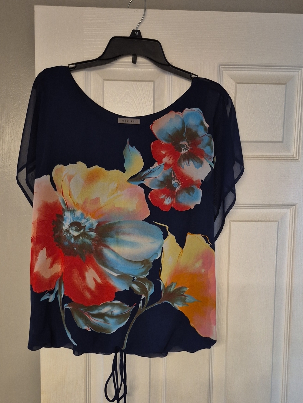 West Kei Navy Floral Chiffon Blouse with Drawstring